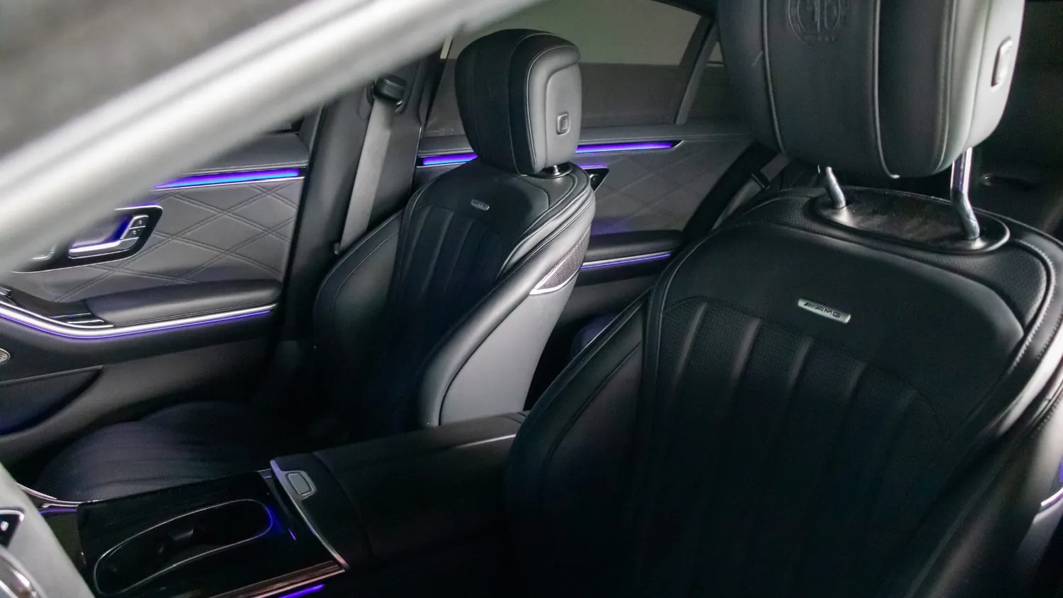 Matte black Mercedes-AMG S63 E Performance rental in Detroit, front seats in black leather