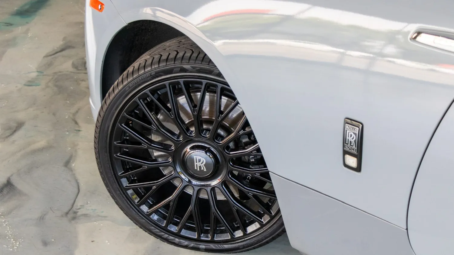 Silver Rolls-Royce Dawn rental in Detroit, wheel and brake detail