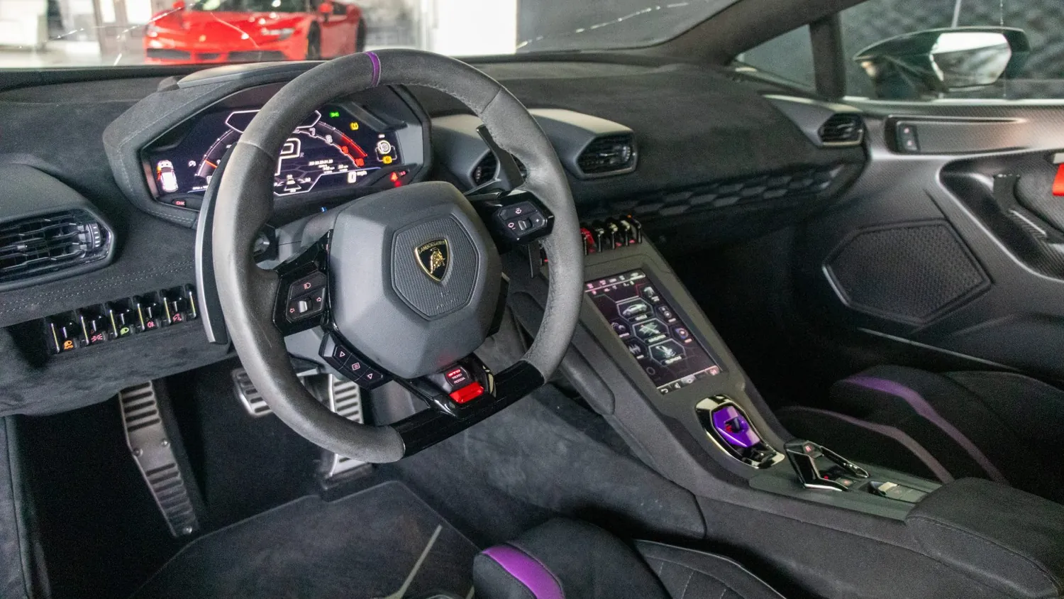 White Lamborghini Huracán STO rental in Detroit, cockpit and dashboard