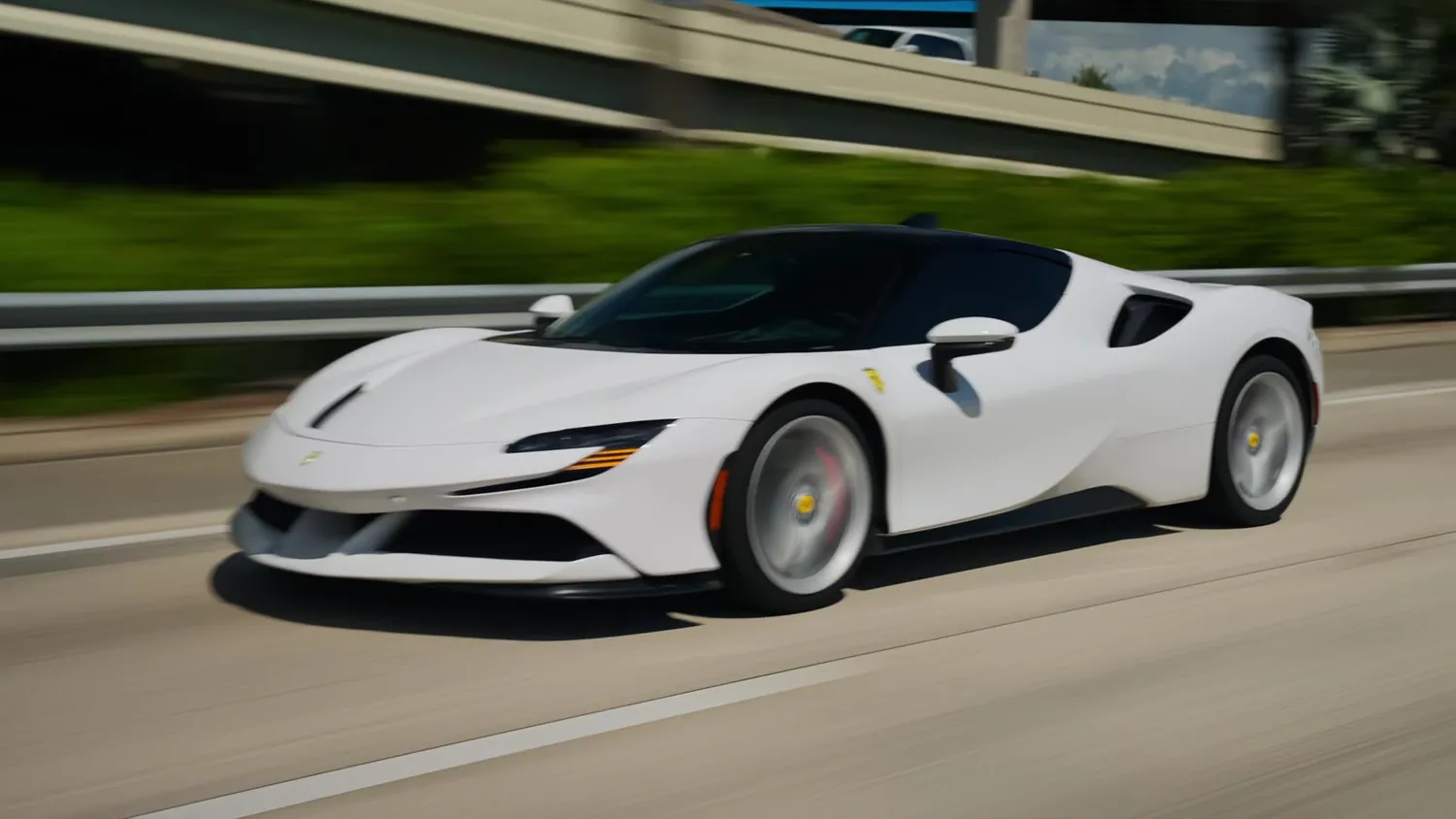 White Ferrari SF90 Stradale rental in Detroit, on the highway