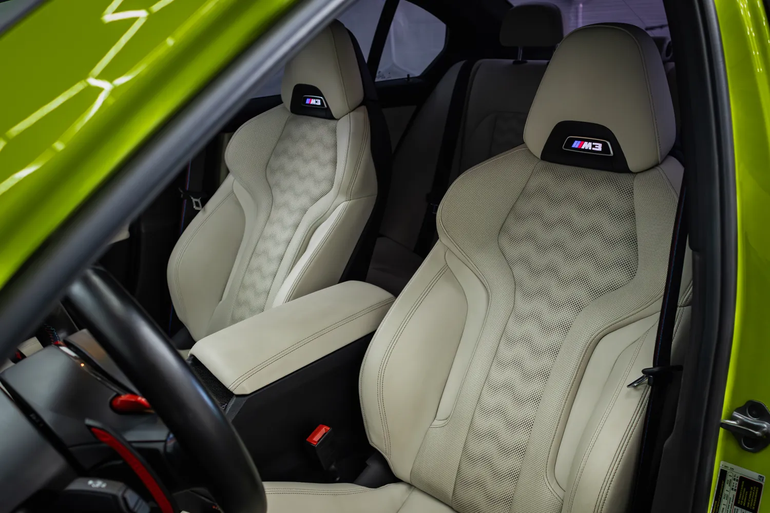 Cream leather M sport seats in the BMW M3 Competition