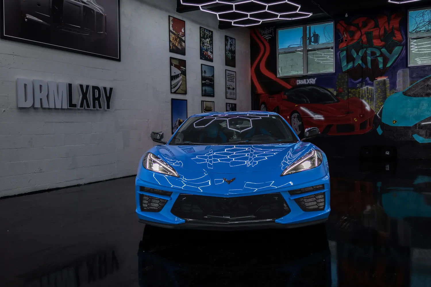 Front view of the blue Corvette Stingray