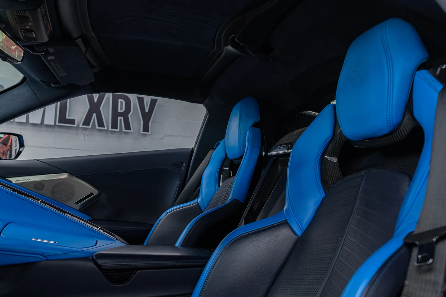Blue and black sport seats in the Corvette Stingray