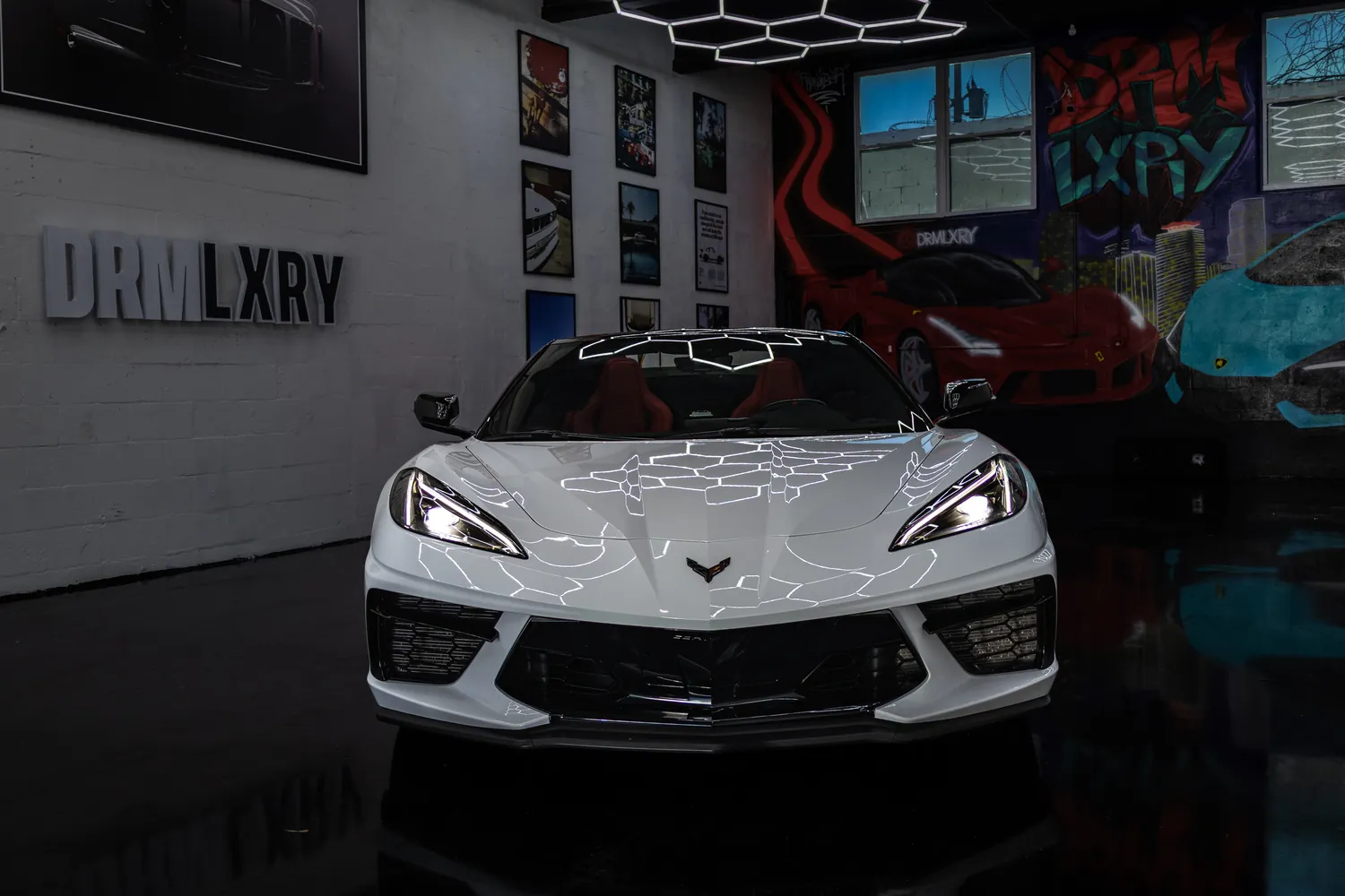 Front view of the white Corvette Stingray Convertible