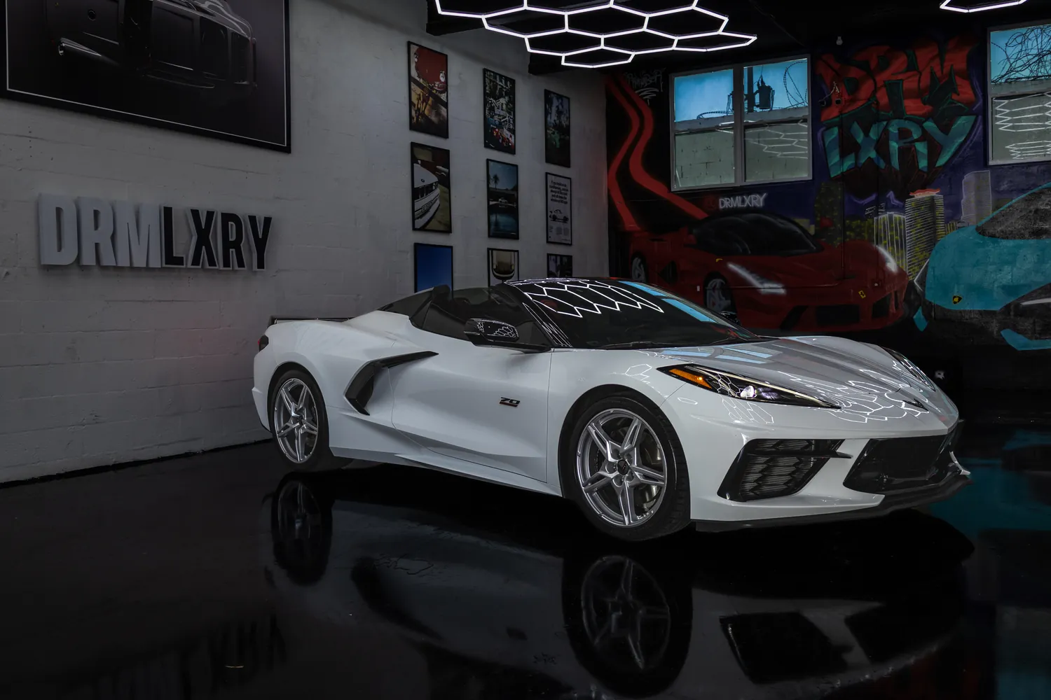 White Corvette Stingray Convertible, front three-quarter view from the right
