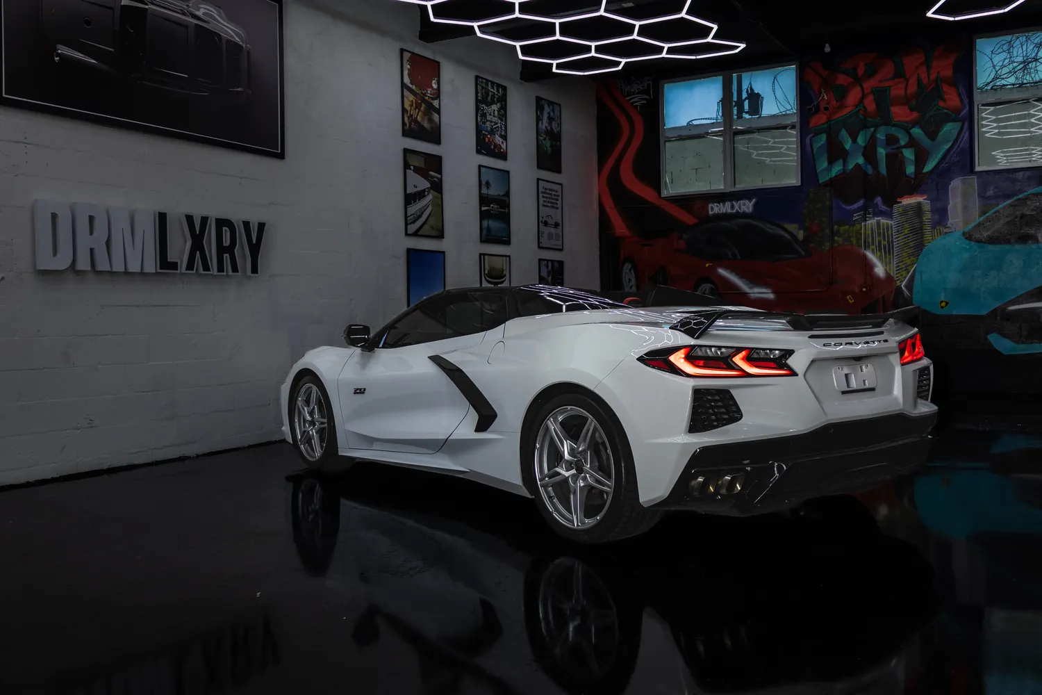 White Corvette Stingray Convertible, rear three-quarter view