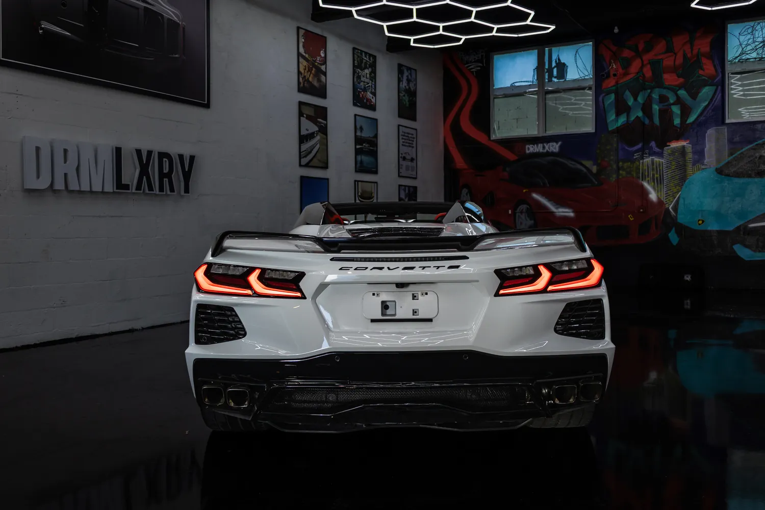 Rear view of the white Corvette Stingray Convertible
