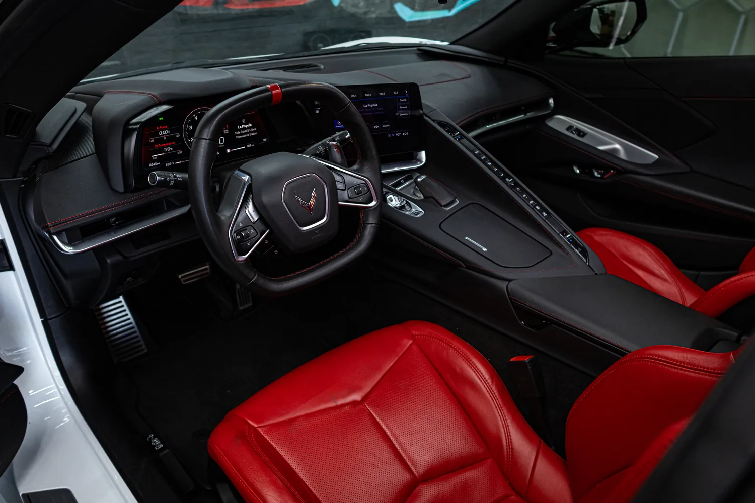 Corvette Stingray cockpit with red leather seats