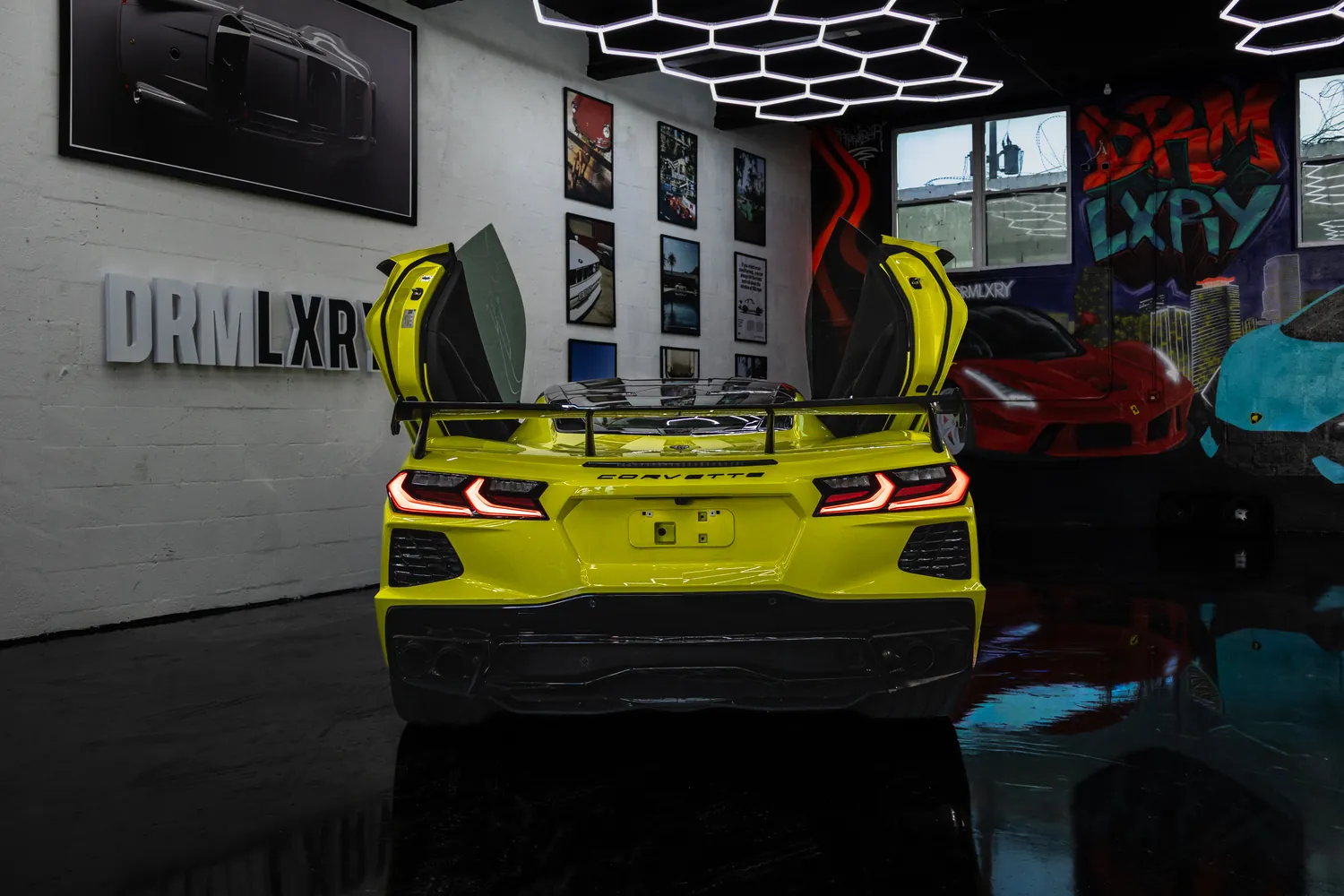 Rear view of the yellow Corvette Stingray