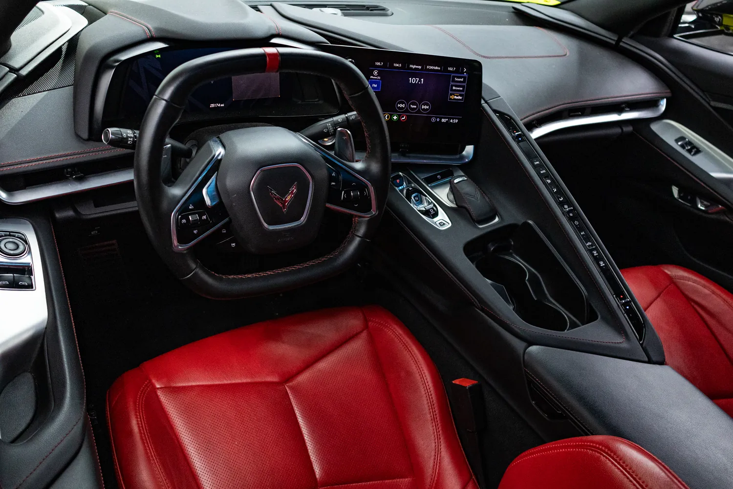 Corvette Stingray cockpit with red leather seats