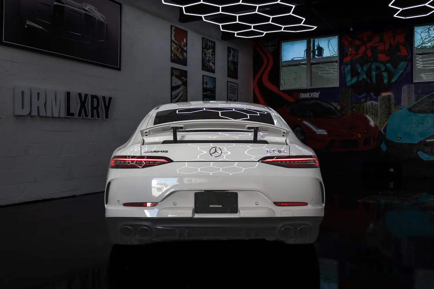 Rear view of the white Mercedes-AMG GT53