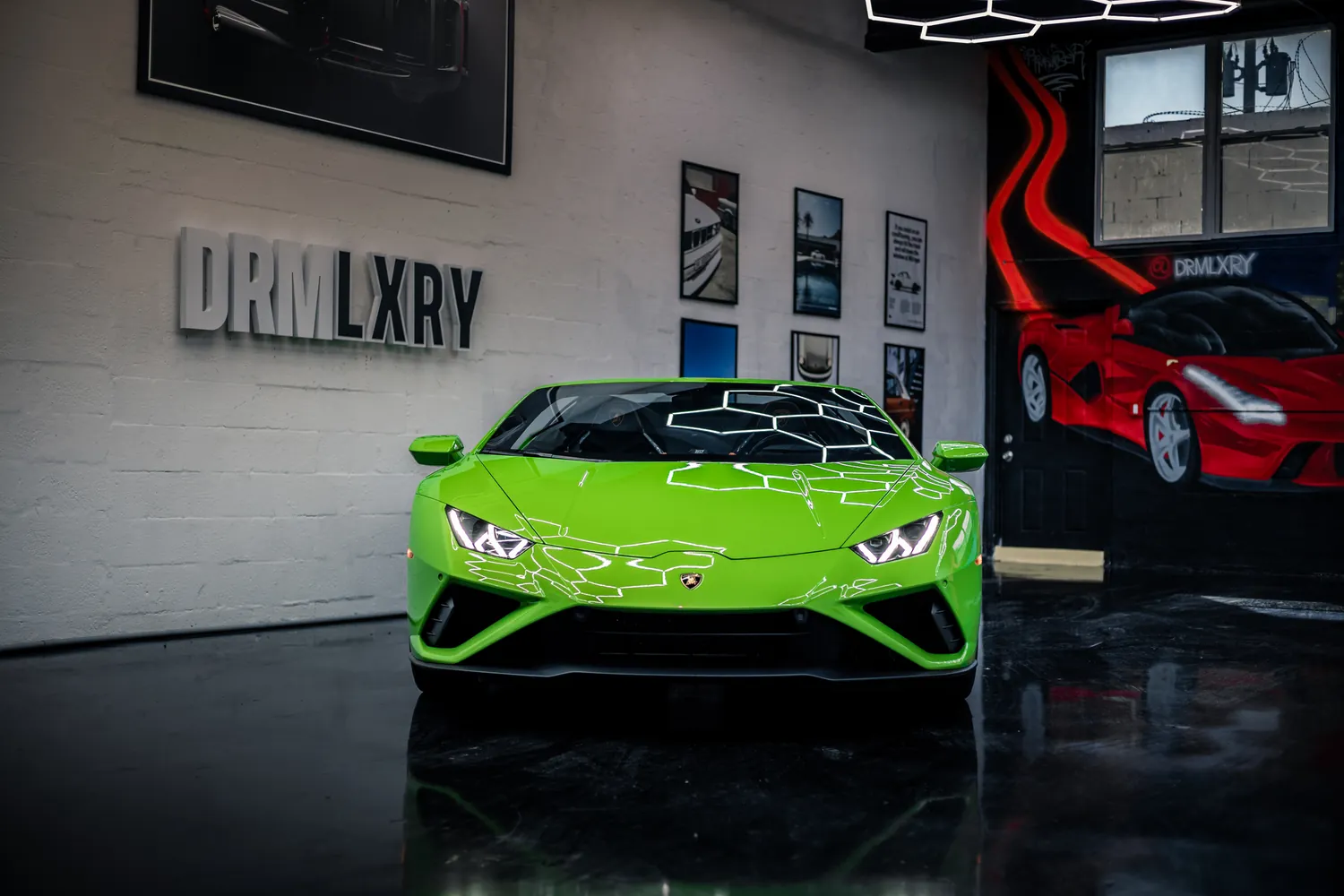 Front view of the green Lamborghini Huracán EVO Spyder with Y-shaped LED headlights