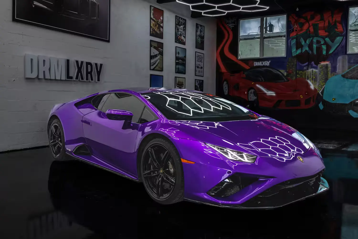 Purple Lamborghini Huracán EVO, front three-quarter view with LED headlights