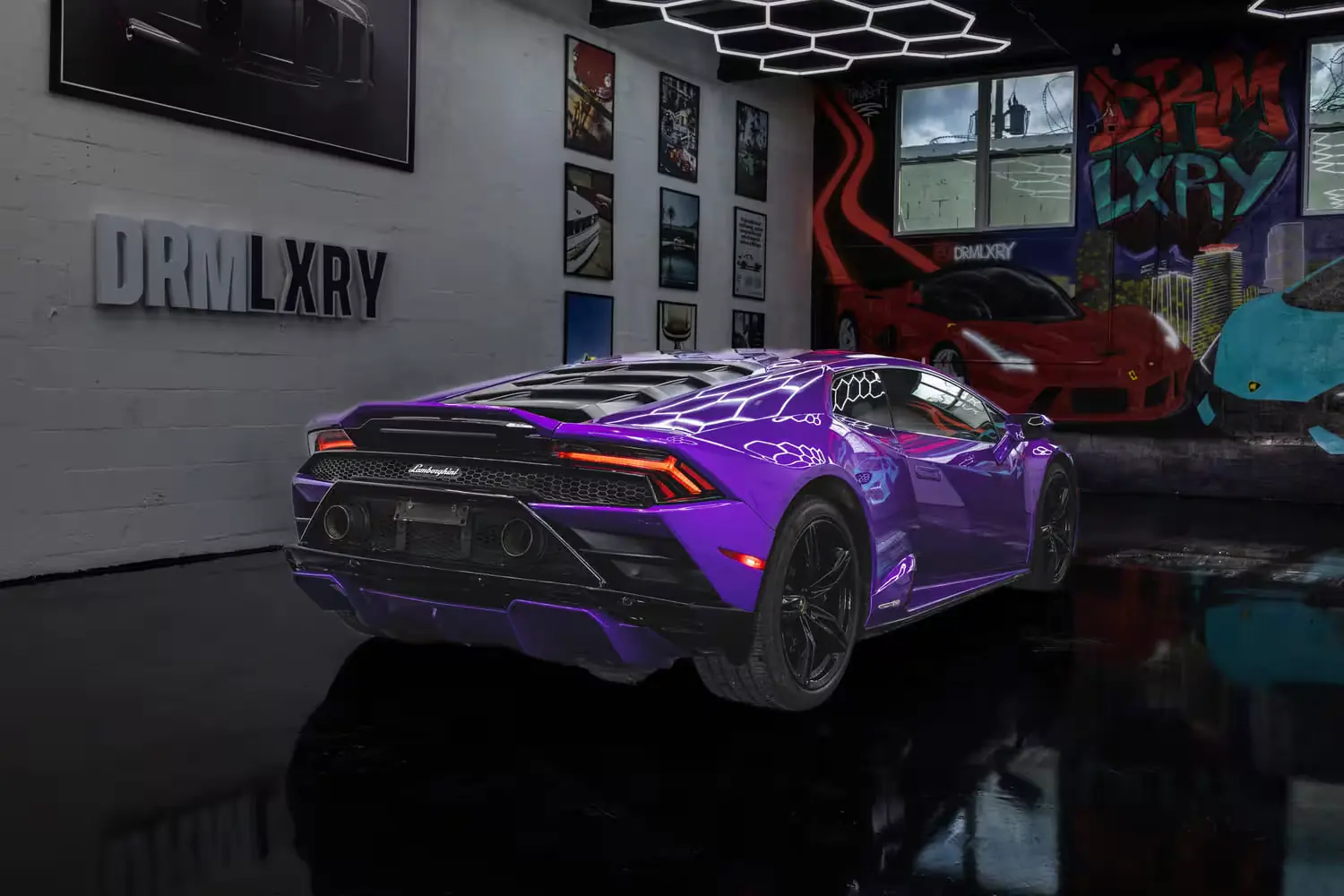 Purple Lamborghini Huracán EVO, rear three-quarter view