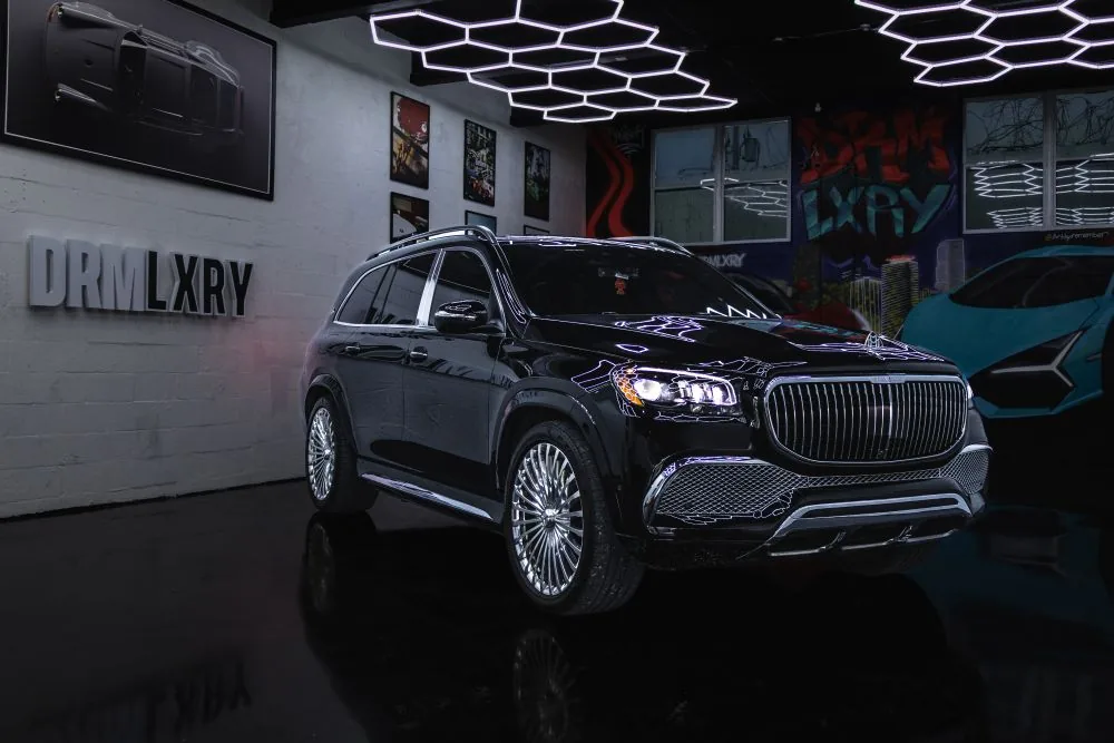 Black Mercedes-Maybach GLS 600, front three-quarter view from the right