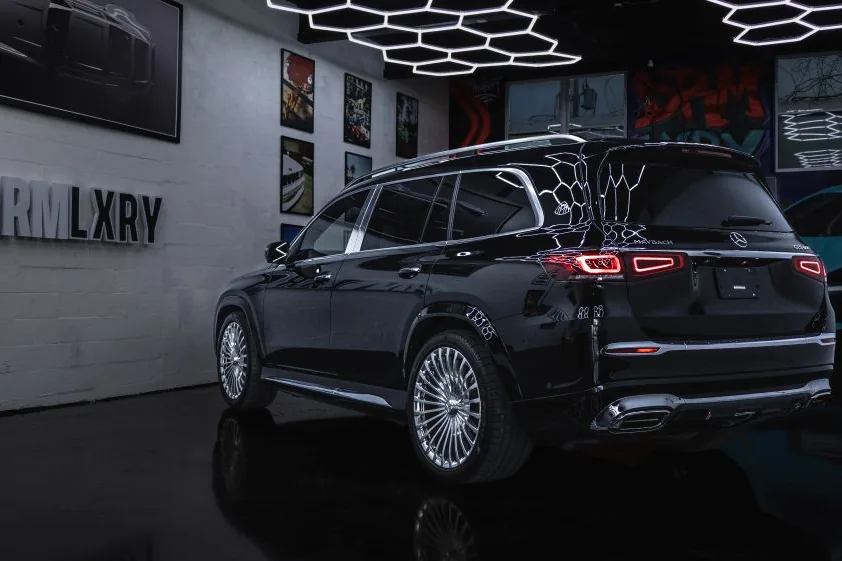 Black Mercedes-Maybach GLS 600, rear three-quarter view