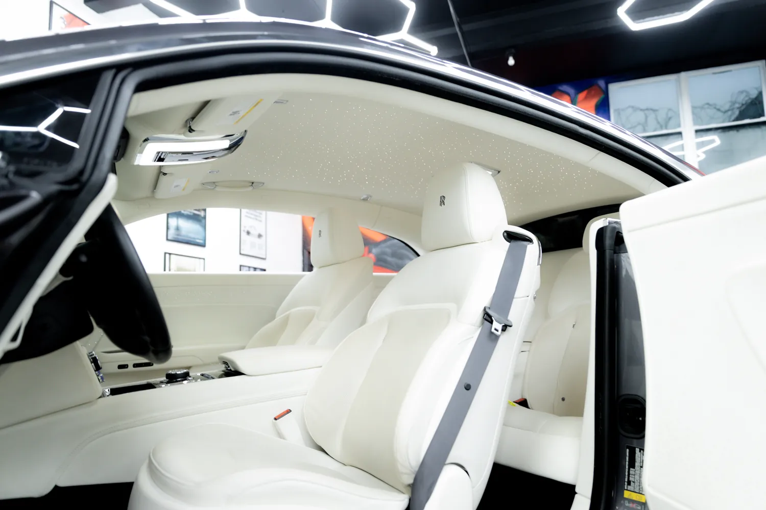 Rolls-Royce Spectre cabin with white leather rear seats