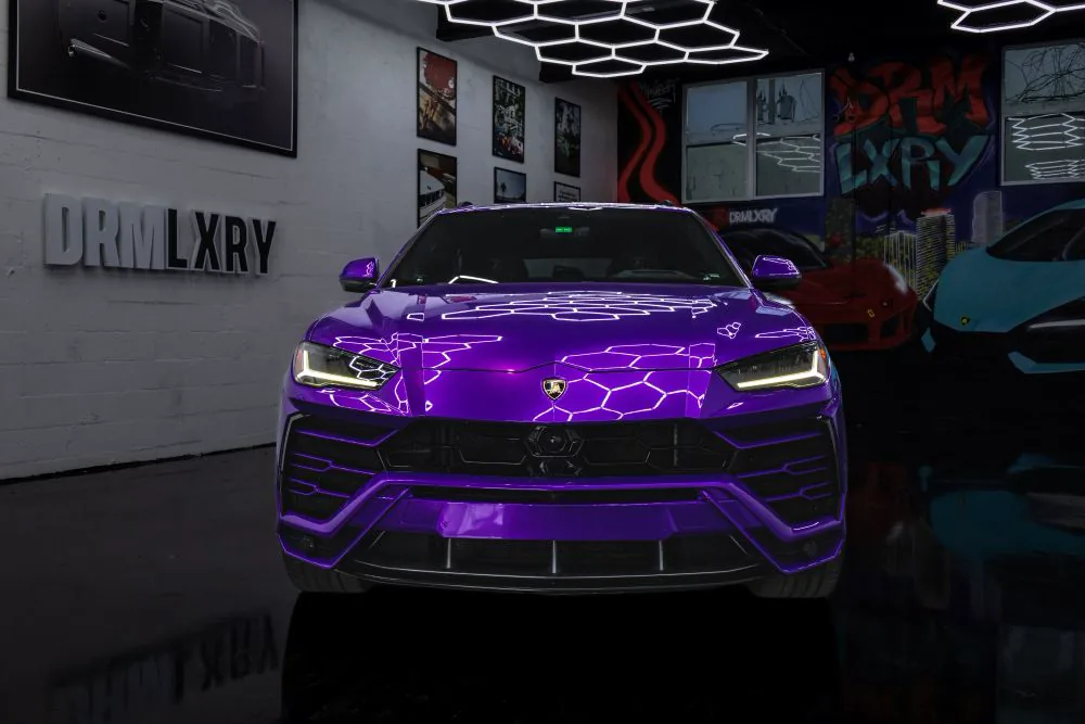 Front view of the purple Lamborghini Urus