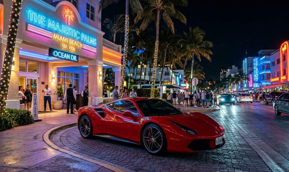 A red Ferrari 488 GTB parked in front of a Miami Beach hotel at night, city lights reflecting off the bodywork.