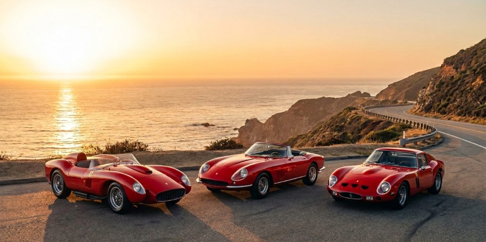 A dramatic lineup of three iconic red Ferraris on a sunlit coastal road, showcasing their silhouettes from a low angle.
