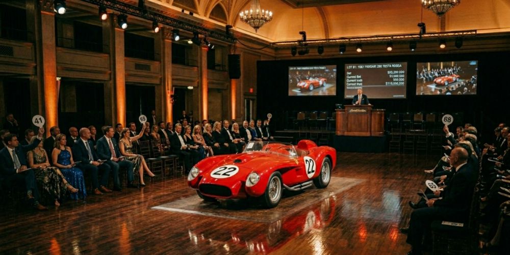 vintage red Ferrari from the 1950s displayed in a prestigious auction house setting