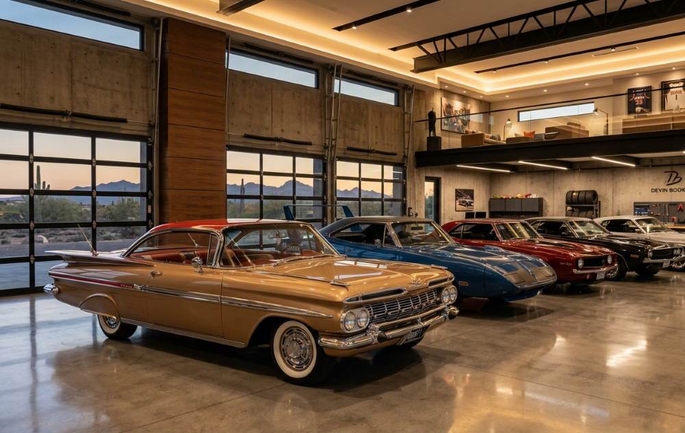 A wide shot of Devin Booker's garage showing multiple vintage American cars parked side by side, with the 1959 Chevrolet Impala prominently featured in the foreground.