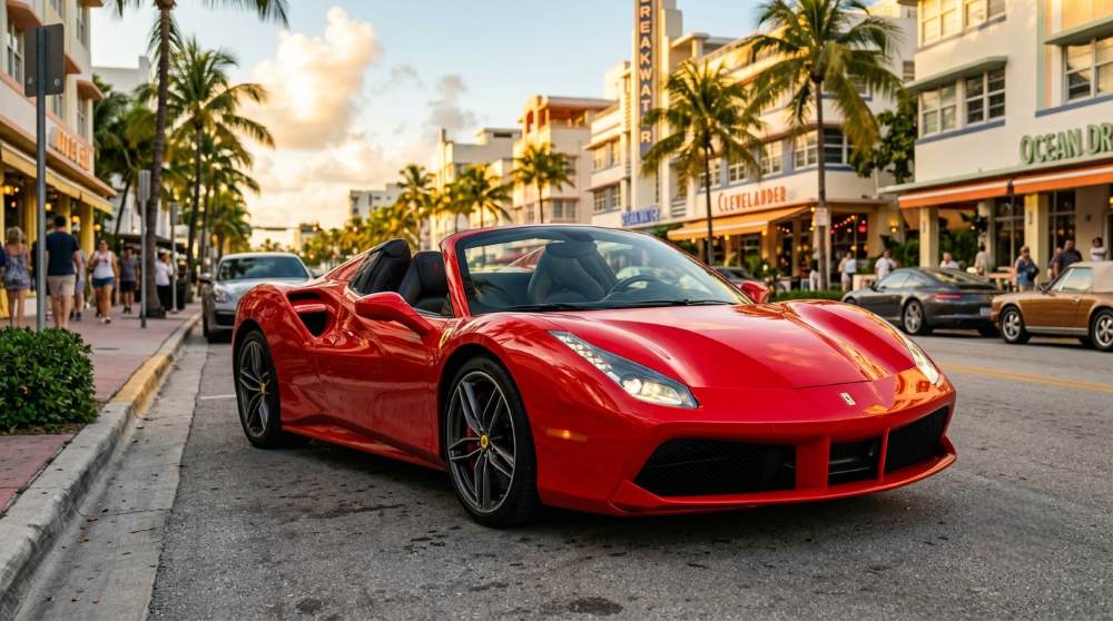 A Ferrari 488 Spider parked on a sunlit urban street with the top down, showcasing the car's sleek lines and open-air design.